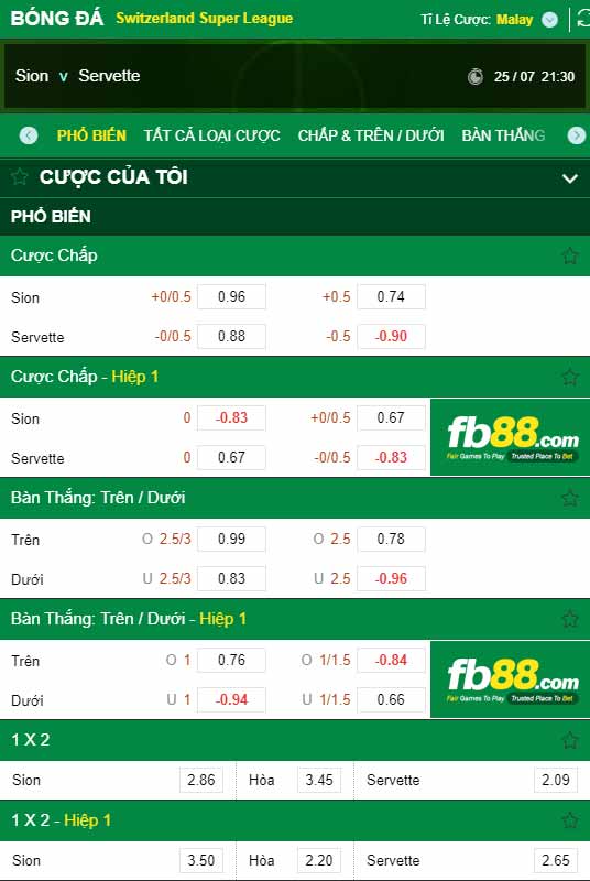 fb88-chi tiết kèo trận đấu Sion vs Servette
