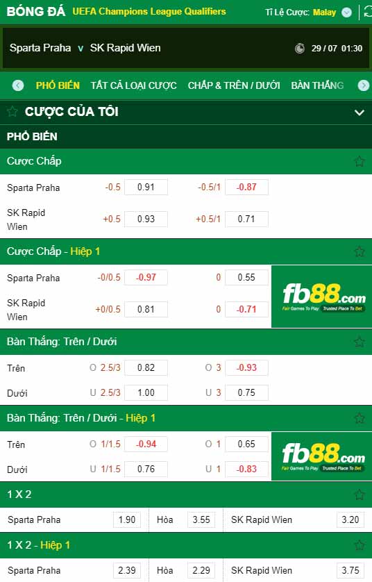 fb88-chi tiết kèo trận đấu Sparta Praha vs Rapid Wien