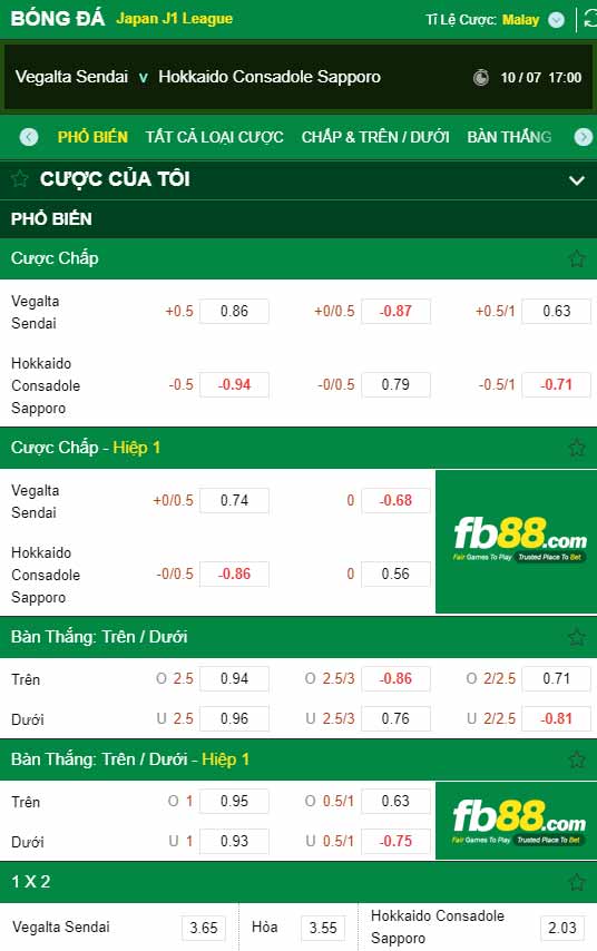 fb88-chi tiết kèo trận đấu Vegalta Sendai vs Consadole Sapporo
