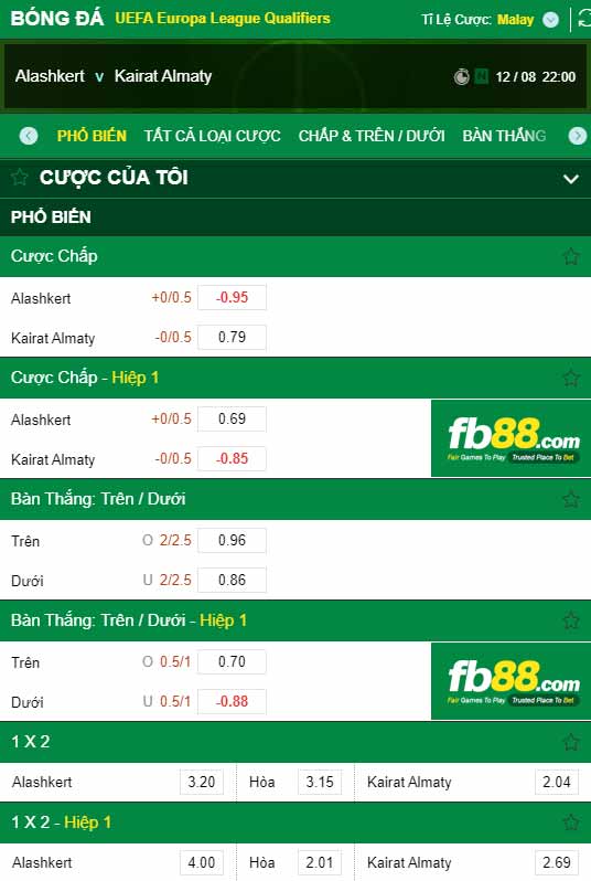 fb88-chi tiết kèo trận đấu Alashkert vs Kairat Almaty