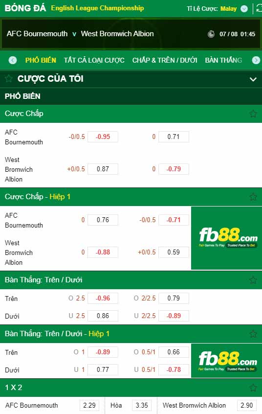 fb88-chi tiết kèo trận đấu Bournemouth vs West Brom