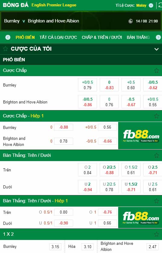 fb88-chi tiết kèo trận đấu Burnley vs Brighton