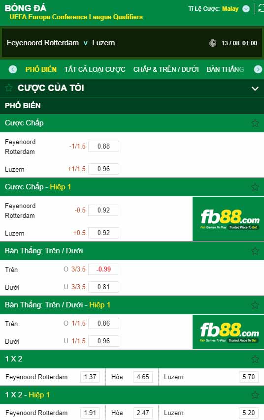 fb88-chi tiết kèo trận đấu Feyenoord vs FC Luzern