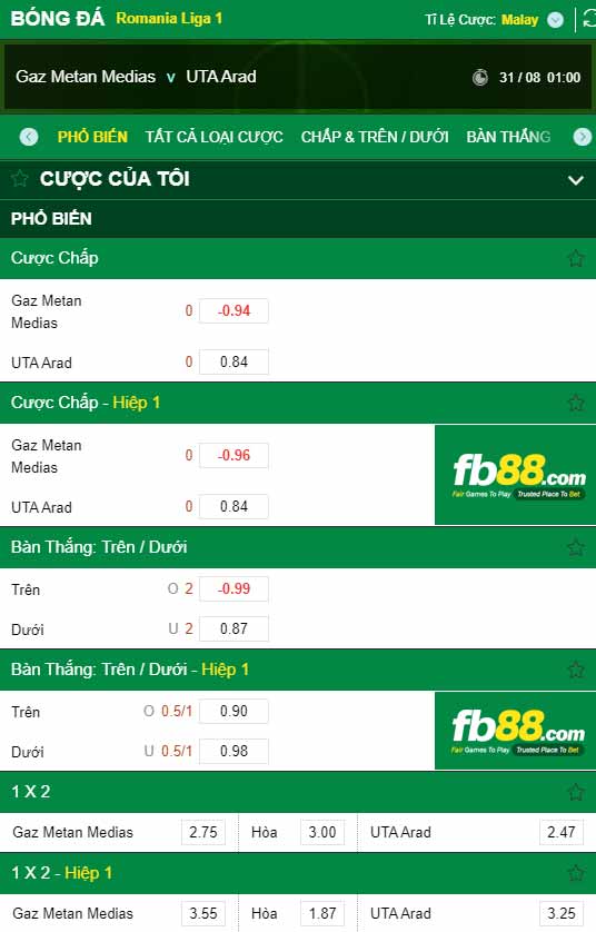 fb88-chi tiết kèo trận đấu Gaz Metan Medias vs UTA Arad