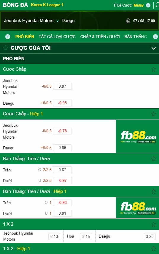 fb88-chi tiết kèo trận đấu Jeonbuk vs Daegu FC