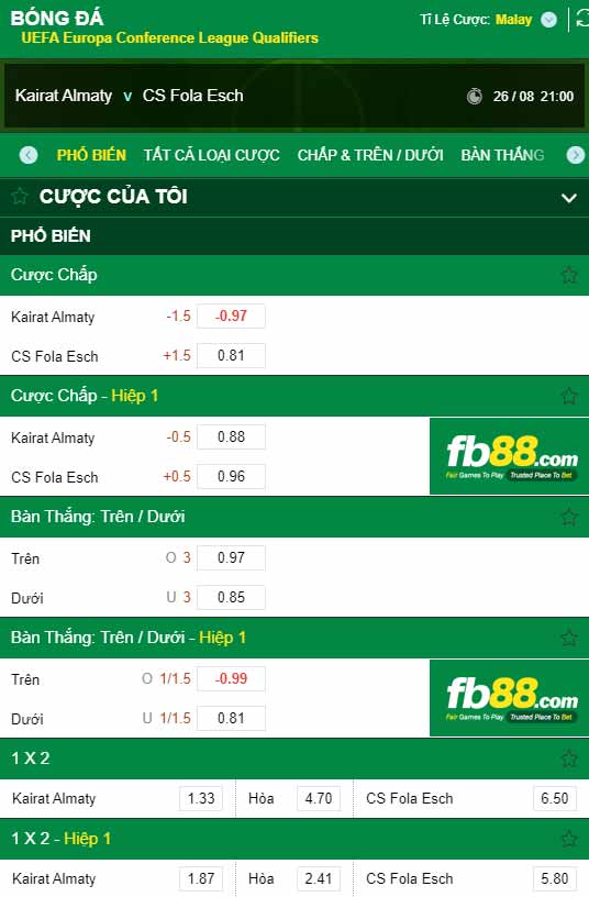 fb88-chi tiết kèo trận đấu Kairat Almaty vs Fola Esch