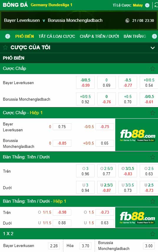 fb88-chi tiết kèo trận đấu Leverkusen vs Monchengladbach