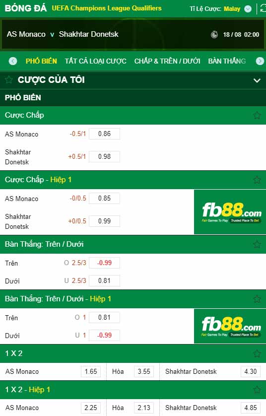 fb88-chi tiết kèo trận đấu Monaco vs Shakhtar Donetsk