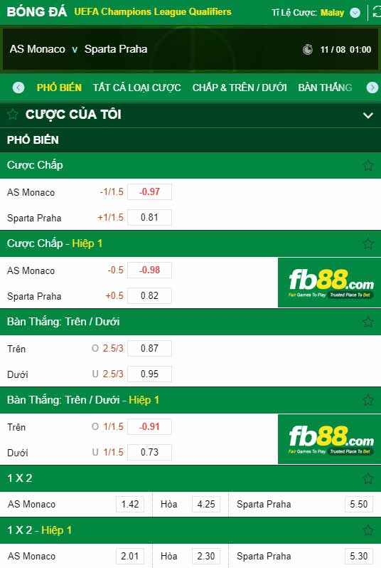 fb88-chi tiết kèo trận đấu Monaco vs Sparta Prague