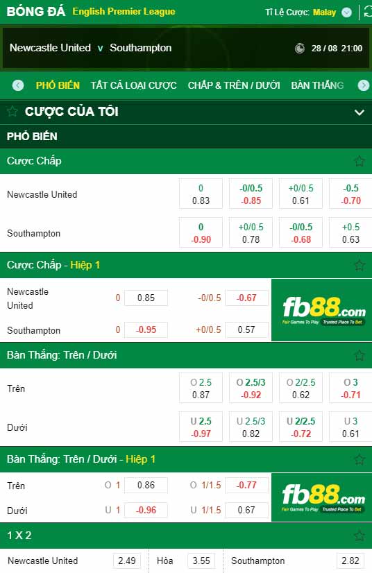 fb88-chi tiết kèo trận đấu Newcastle vs Southampton