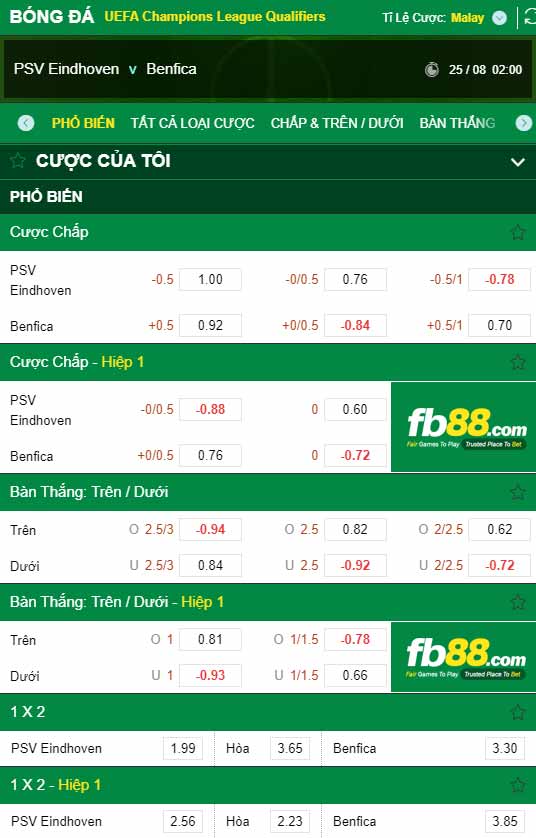 fb88-chi tiết kèo trận đấu PSV vs Benfica