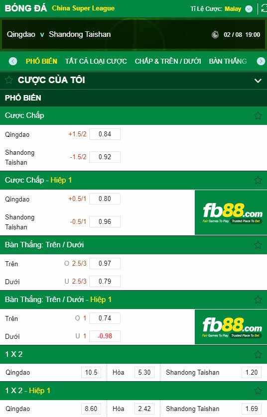 fb88-chi tiết kèo trận đấu Qingdao FC vs Shandong Taishan