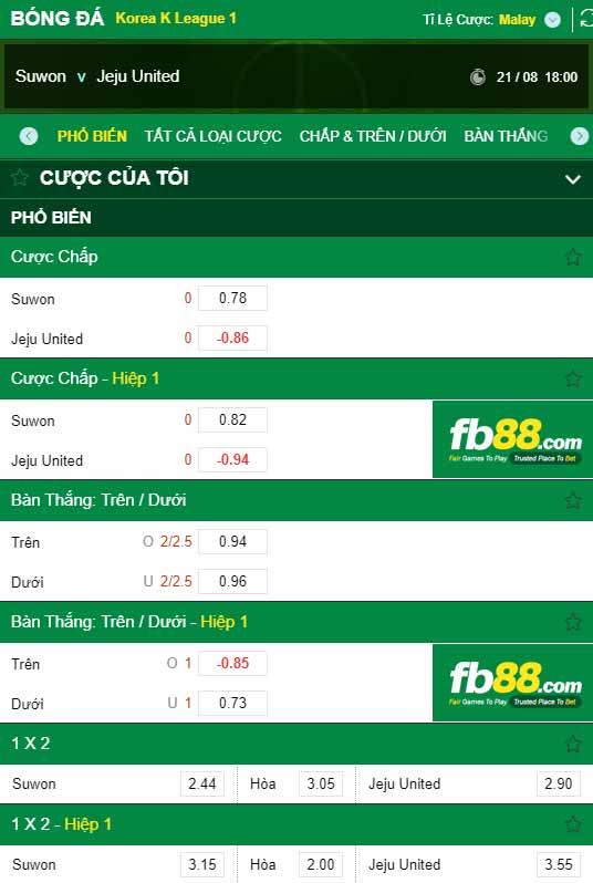 fb88-chi tiết kèo trận đấu Suwon FC vs Jeju United