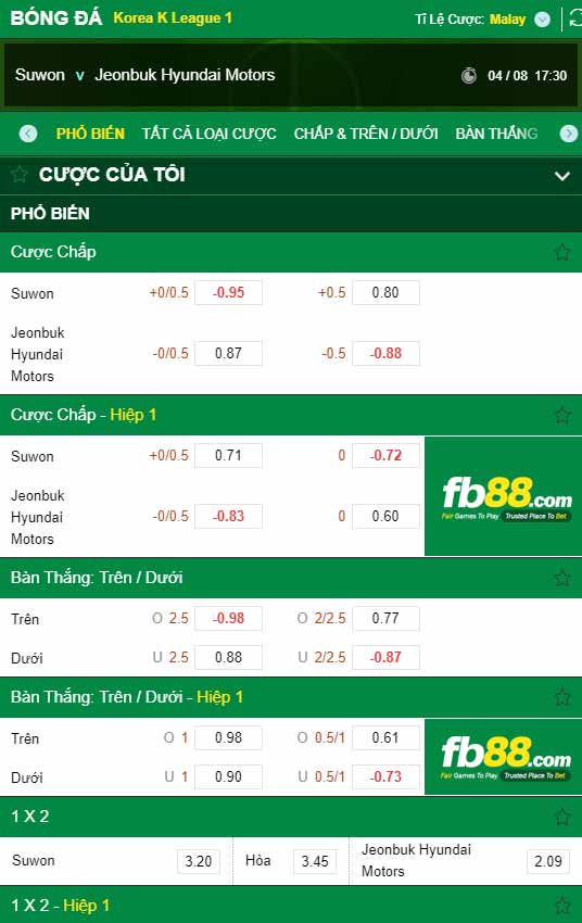 fb88-chi tiết kèo trận đấu Suwon FC vs Jeonbuk