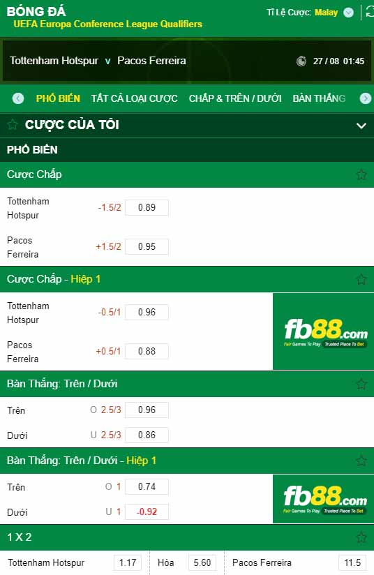 fb88-chi tiết kèo trận đấu Tottenham vs Pacos Ferreira