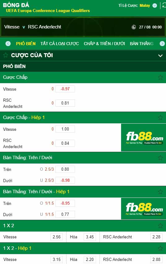 fb88-chi tiết kèo trận đấu Vitesse Arnhem vs Anderlecht