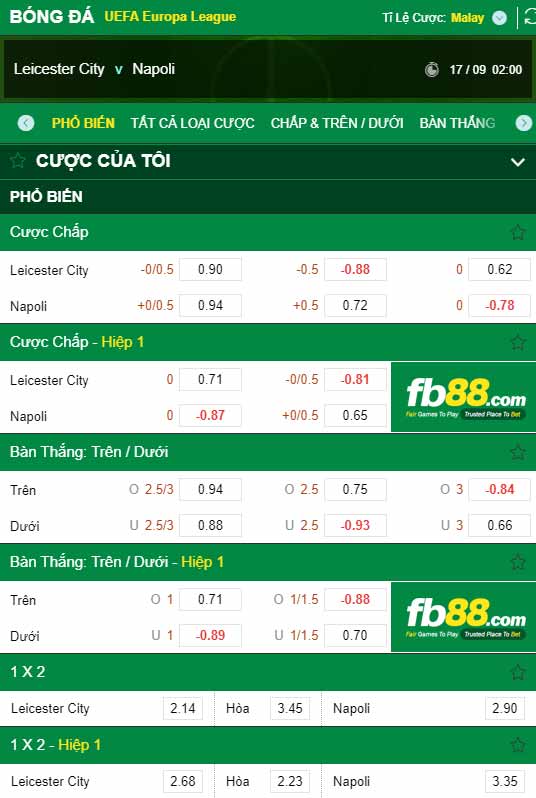fb88-chi tiết kèo trận đấu Leicester vs Napoli
