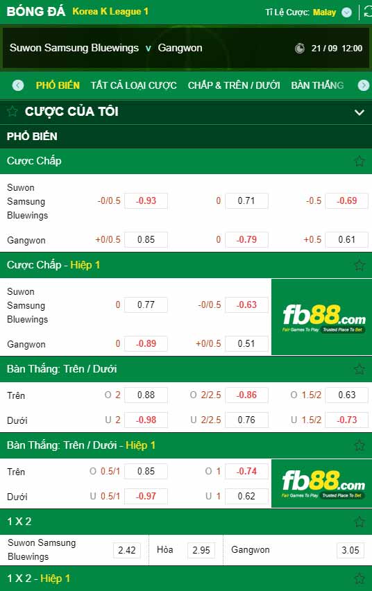 fb88-chi tiết kèo trận đấu Suwon Bluewings vs Gangwon FC