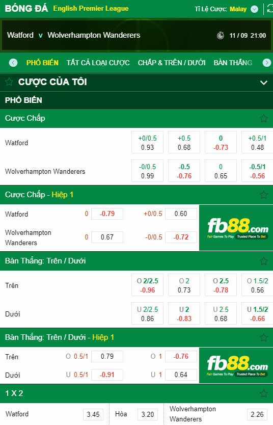 fb88-chi tiết kèo trận đấu Watford vs Wolves
