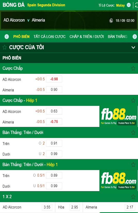 Fb88 tỷ lệ kèo trận đấu Alcorcon vs Almeria