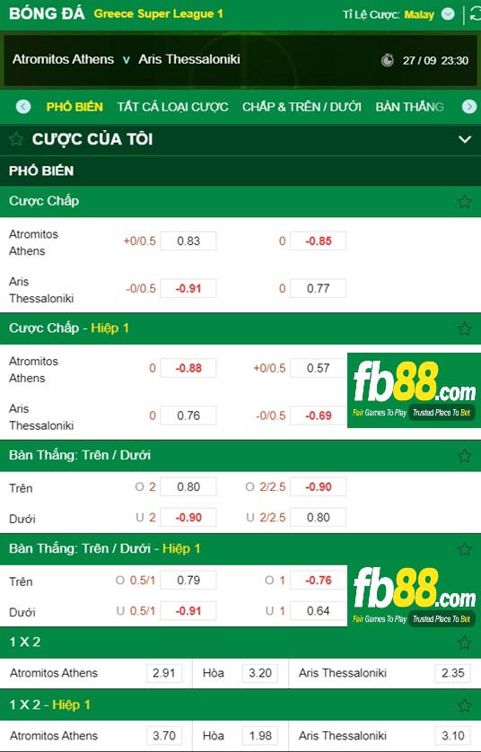 Fb88 tỷ lệ kèo trận đấu Atromitos vs Aris Thessaloniki