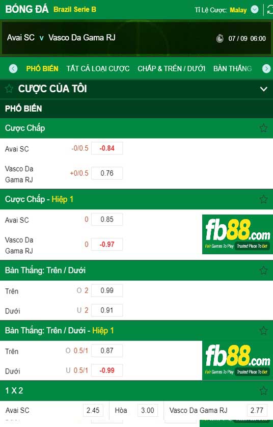 Fb88 tỷ lệ kèo trận đấu Avai FC vs Vasco da Gama