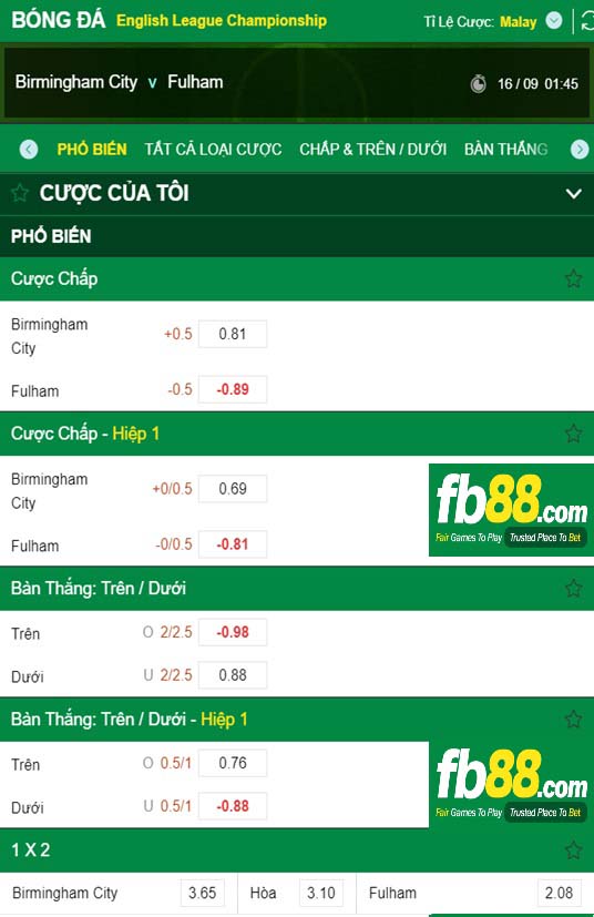 Fb88 tỷ lệ kèo trận đấu Birmingham vs Fulham