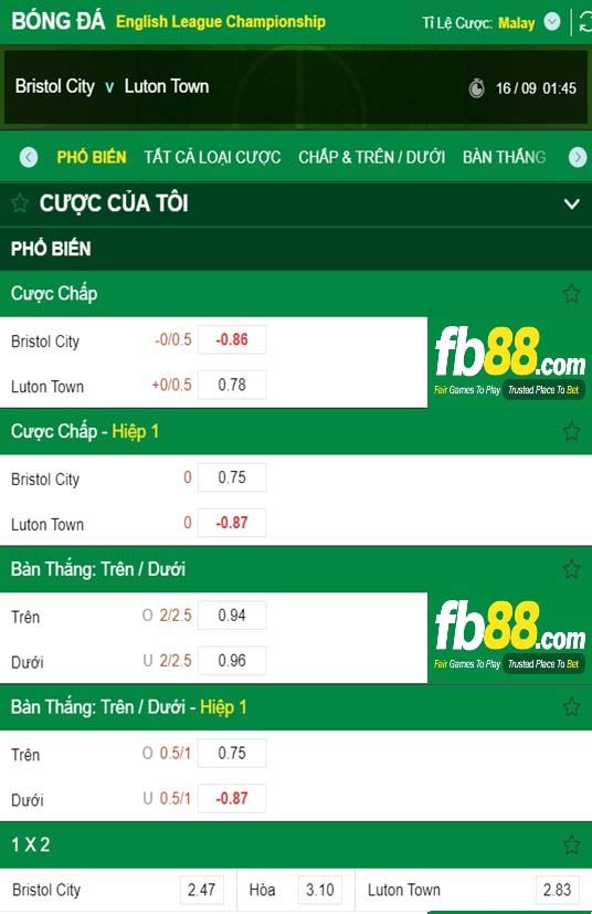 Fb88 tỷ lệ kèo trận đấu Bristol City vs Luton