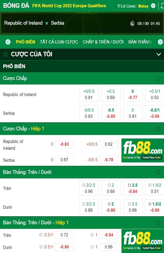 Fb88 tỷ lệ kèo trận đấu CH Ailen vs Serbia