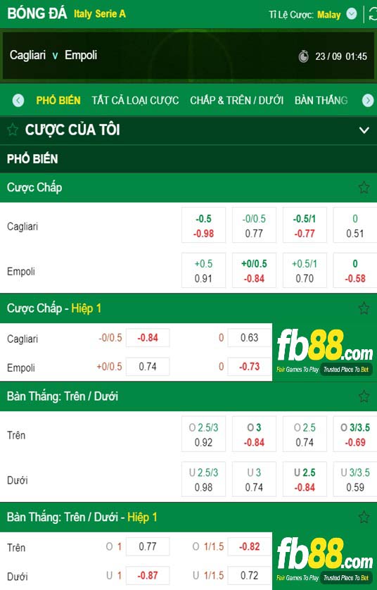 Fb88 tỷ lệ kèo trận đấu Cagliari vs Empoli