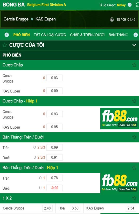 Fb88 tỷ lệ kèo trận đấu Cercle Brugge vs Eupen