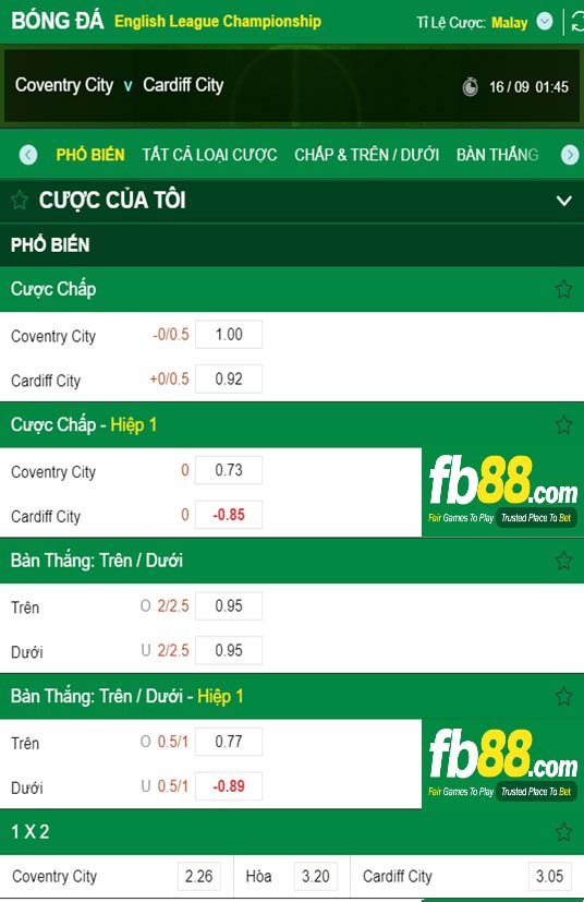 Fb88 tỷ lệ kèo trận đấu Coventry vs Cardiff City