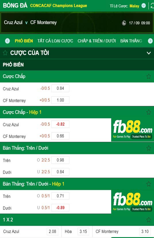 Fb88 tỷ lệ kèo trận đấu Cruz Azul vs Monterrey