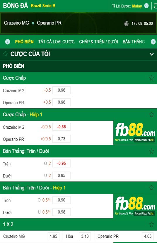 Fb88 tỷ lệ kèo trận đấu Cruzeiro vs Ferroviario