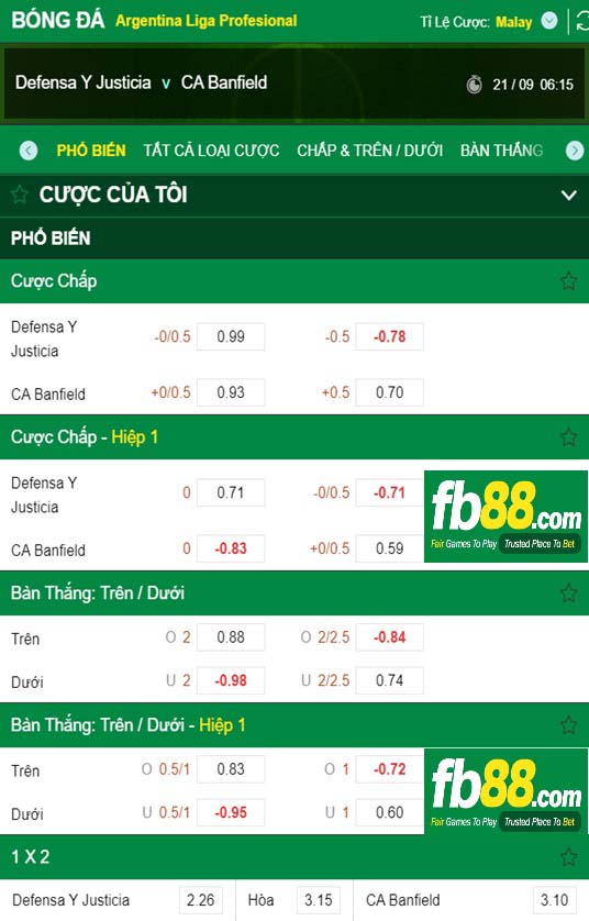 Fb88 tỷ lệ kèo trận đấu Defensa Y vs Banfield
