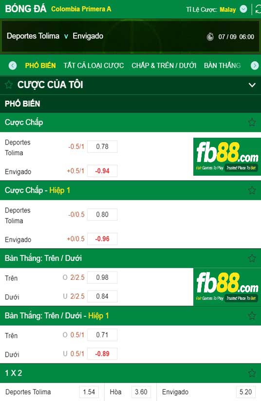 Fb88 tỷ lệ kèo trận đấu Deportes Tolima vs Envigado
