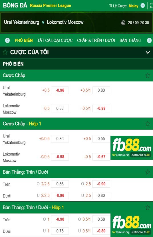 Fb88 tỷ lệ kèo trận đấu FC Ural vs Lokomotiv Moscow