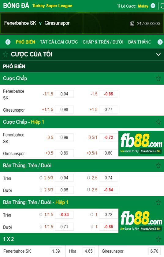 Fb88 tỷ lệ kèo trận đấu Fenerbahce vs Giresunspor