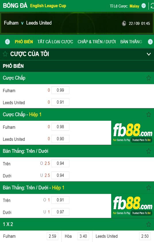 Fb88 tỷ lệ kèo trận đấu Fulham vs Leeds