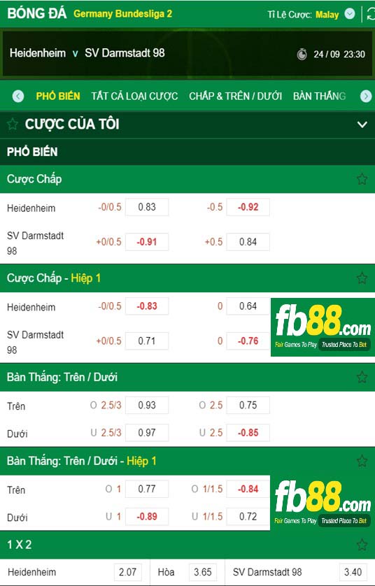 Fb88 tỷ lệ kèo trận đấu Heidenheim vs Darmstadt