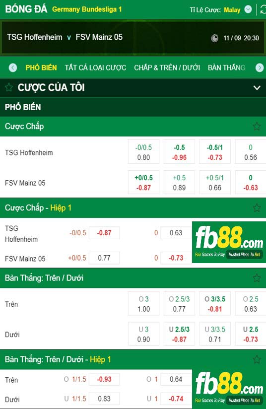 Fb88 tỷ lệ kèo trận đấu Hoffenheim vs Mainz