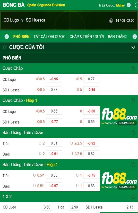 FB88 tỷ lệ kèo trận đấu Lugo vs Huesca