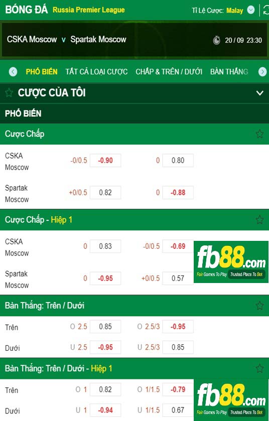 Fb88 tỷ lệ kèo trận đấu CSKA Moscow vs Spartak Moscow
