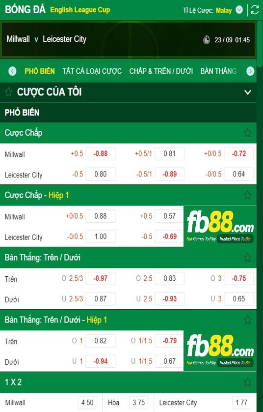 Fb88 tỷ lệ kèo trận đấu Millwall vs Leicester