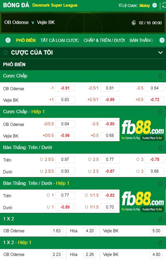 Fb88 tỷ lệ kèo trận đấu Odense vs Vejle