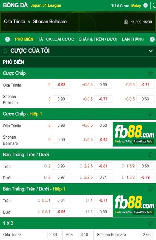 Fb88 tỷ lệ kèo trận đấu Oita Trinita vs Shonan Bellmare