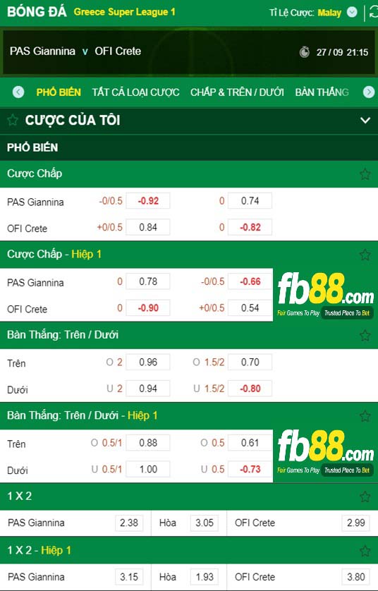 Fb88 tỷ lệ kèo trận đấu Pas Giannina vs OFI Crete