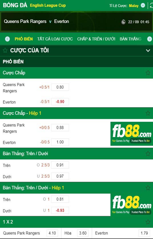 Fb88 tỷ lệ kèo trận đấu QPR vs Everton