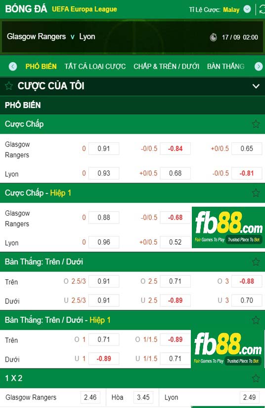 Fb88 tỷ lệ kèo trận đấu Rangers vs Lyonnais