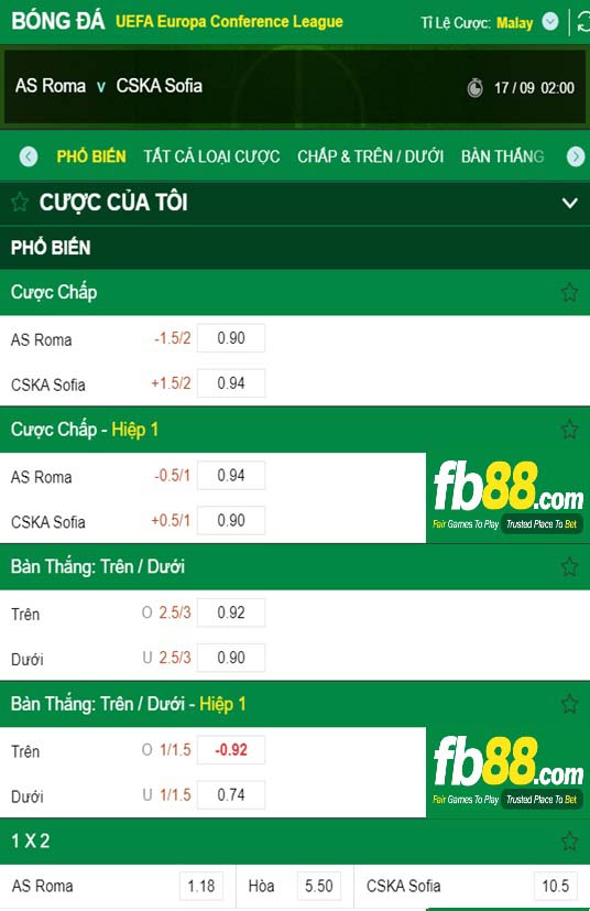 Fb88 tỷ lệ kèo trận đấu Roma vs CSKA Sofia